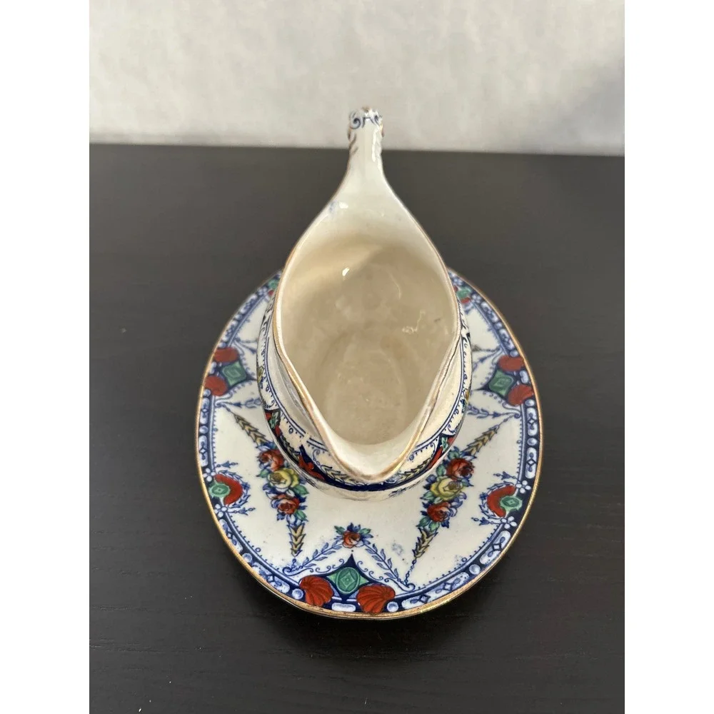Barker Bros Merton Gravy Boat with Underplate Blue Floral Gold Trim England